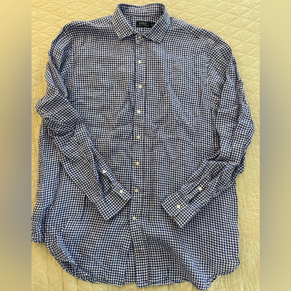 POLO RALPH LAUREN Small Gingham Check Linen Sport Shirt in Blue Size 2XLT $125 - Picture 2 of 6